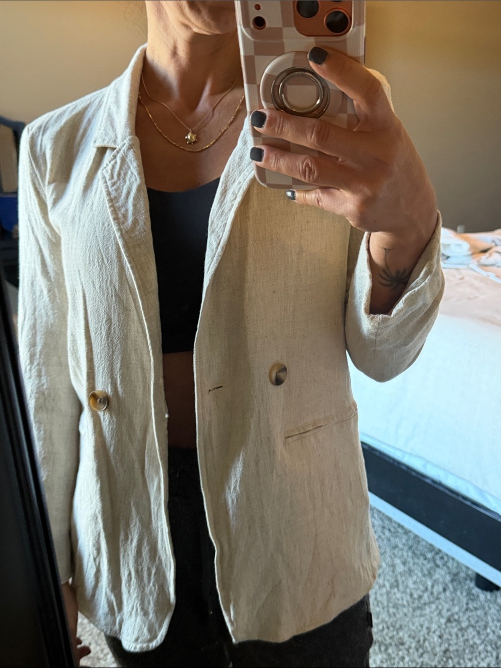 Altar’d State Cream Double-Breasted Linen-Blend Blazer-